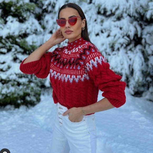 ZARA WOOL CABLE KNIT JACQUARD SWEATER RED - Picture 9 of 15